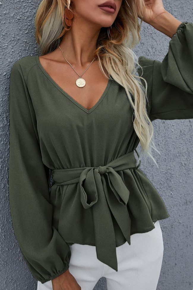 Casual Work Solid With Belt V Neck Tops