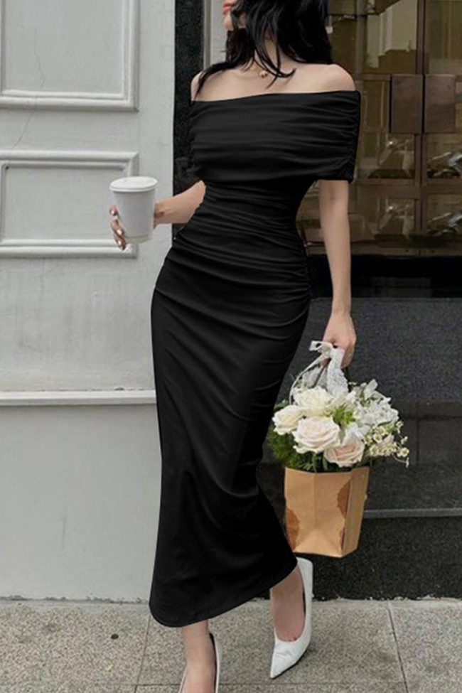 Celebrities Elegant Solid Fold Off the Shoulder Evening Dress Dresses