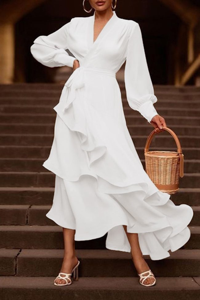 Elegant Simplicity Solid Flounce V Neck Irregular Dress Dresses