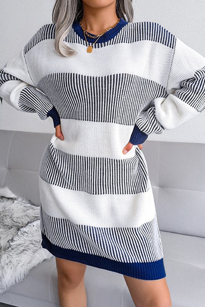 Elegant Striped Split Joint  Contrast O Neck Dresses Sweater  (Without Belt)