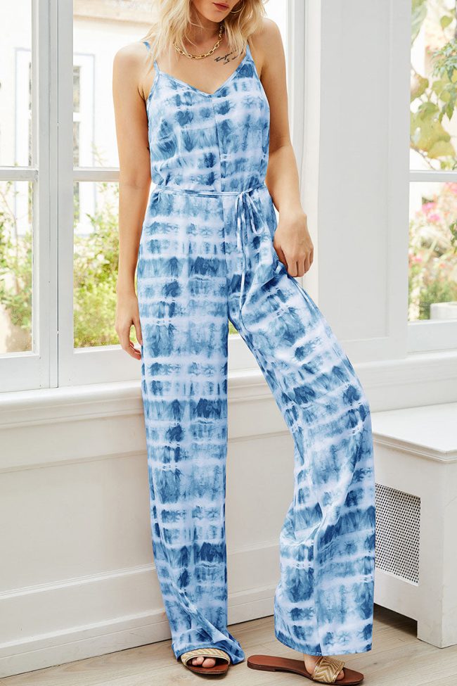 Fashion Casual Print Patchwork Spaghetti Strap Loose Jumpsuits