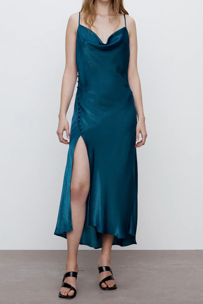 Fashion Elegant Solid Buttons Slit Asymmetrical Collar Evening Dress Dresses