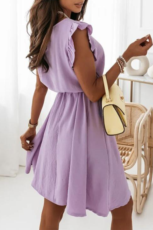 Fashion Elegant Solid Flounce With Belt O Neck A Line Dresses(4 Colors)