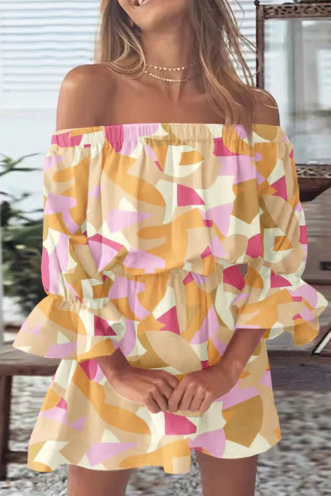 Fashion Print Split Joint Off the Shoulder Cake Skirt Dresses(5 colors)