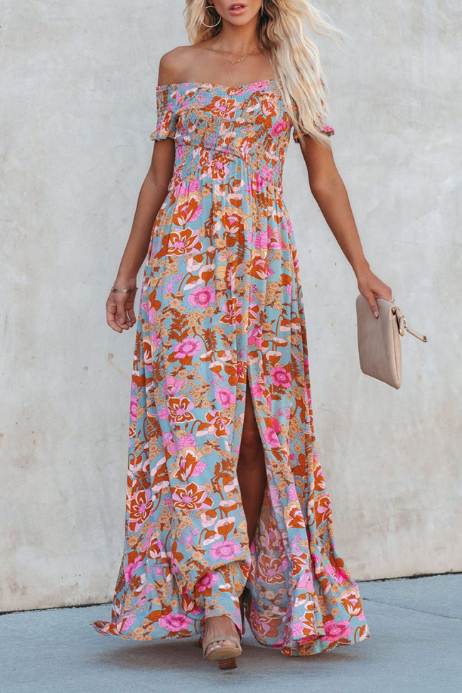 Fashion Print Split Joint Off the Shoulder Waist Skirt Dresses(4 colors)