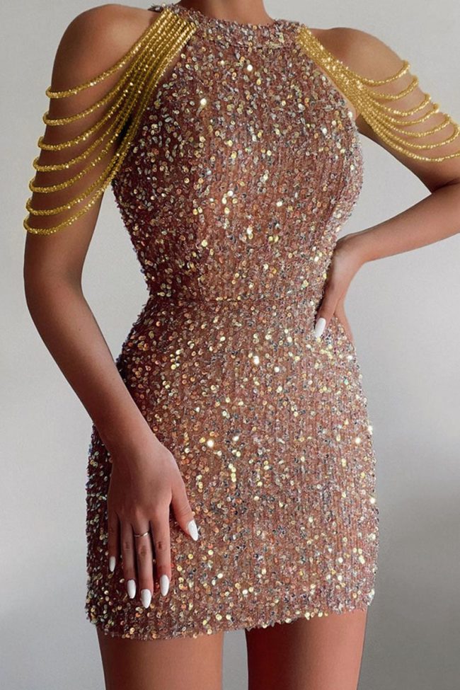 Sexy Elegant Solid Sequins Patchwork Chains O Neck Pencil Skirt Dresses