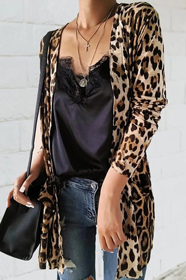 Sexy Leopard Split Joint Cardigan Collar Outerwear