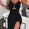 Sexy Party Solid Hollowed Out Metal Accessories Decoration V Neck A Line Dresses