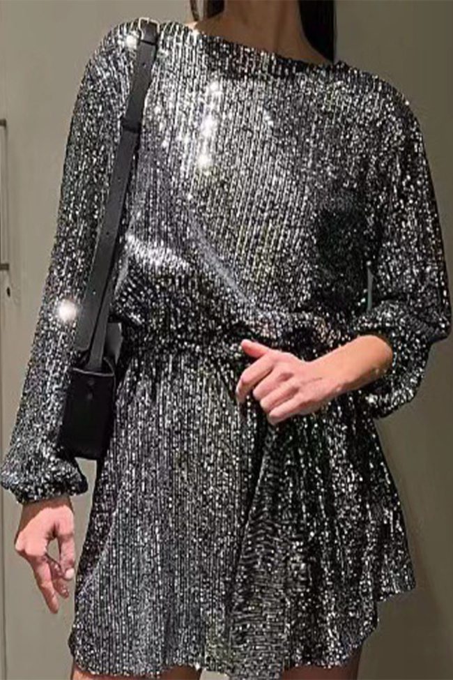 Sexy Solid Sequins Off the Shoulder Waist Skirt Dresses