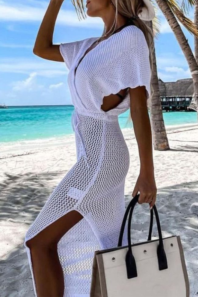 Sexy Vacation Solid Hollowed Out Patchwork Swimwears Cover Up