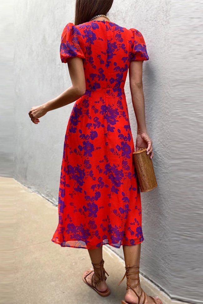 Sweet Elegant Print Printing V Neck A Line Dresses(6 Colors)