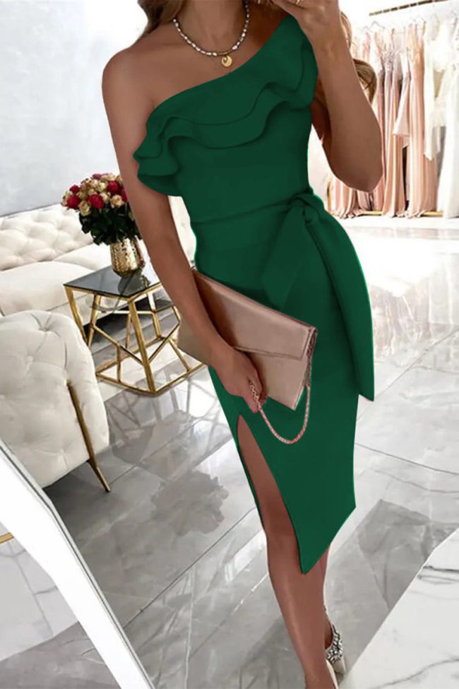 Sweet Elegant Solid Patchwork Flounce Asymmetrical Lotus Leaf Collar Irregular Dress Dresses