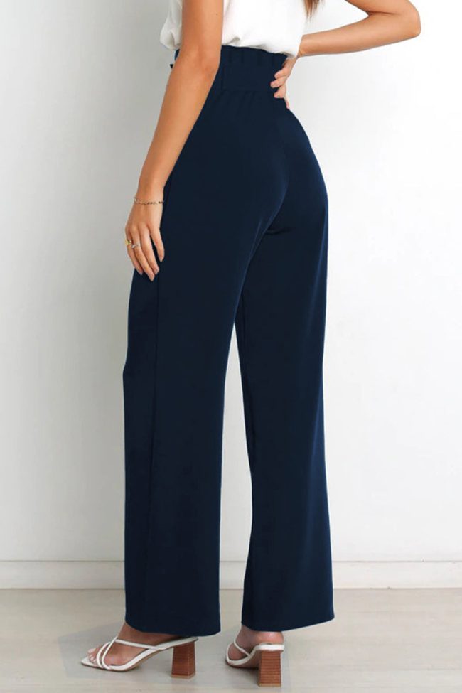 Work Simplicity Solid With Belt Loose High Waist Straight Solid Color Bottoms(11 Colors)