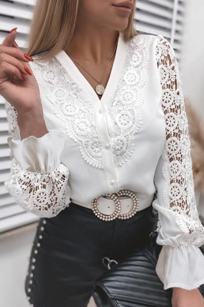 Work Solid Lace V Neck Tops