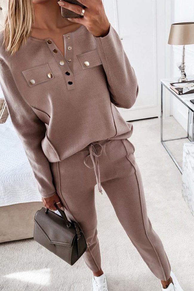 Casual Buckle V Neck Long Sleeve Two Pieces(3 Colors)