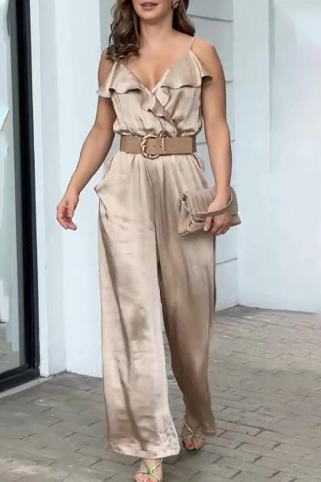 Casual Celebrities Solid Flounce V Neck Loose Jumpsuits