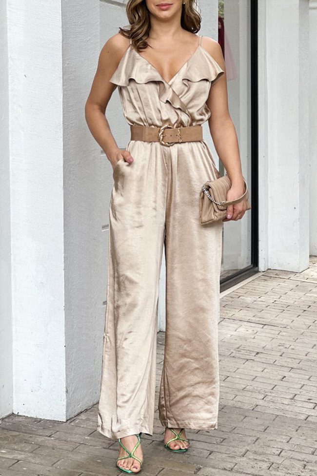 Casual Celebrities Solid Flounce V Neck Loose Jumpsuits