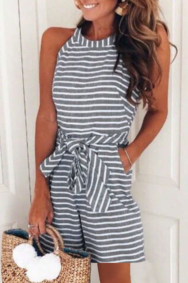 Casual Patchwork Bandage With Belt O Neck Loose Jumpsuits