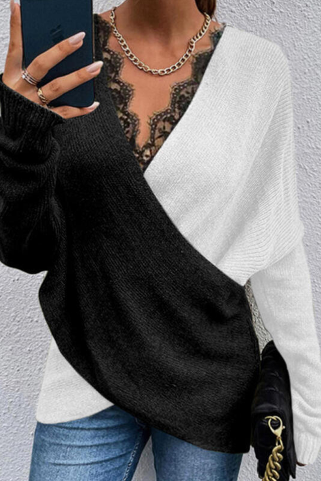 Casual Patchwork Lace Contrast V Neck Sweaters(3 colors)