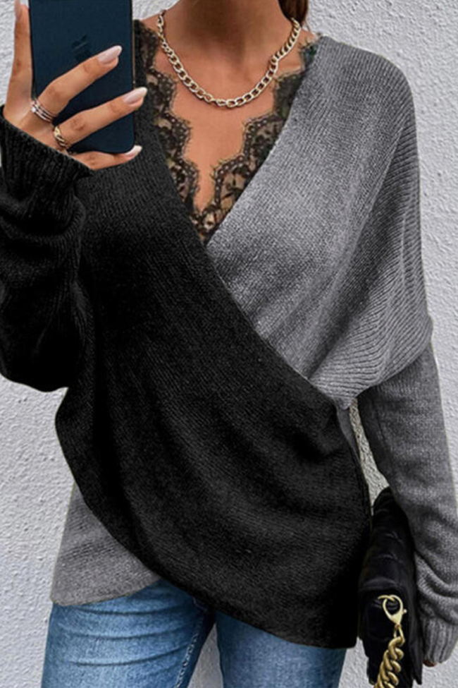 Casual Patchwork Lace Contrast V Neck Sweaters(3 colors)