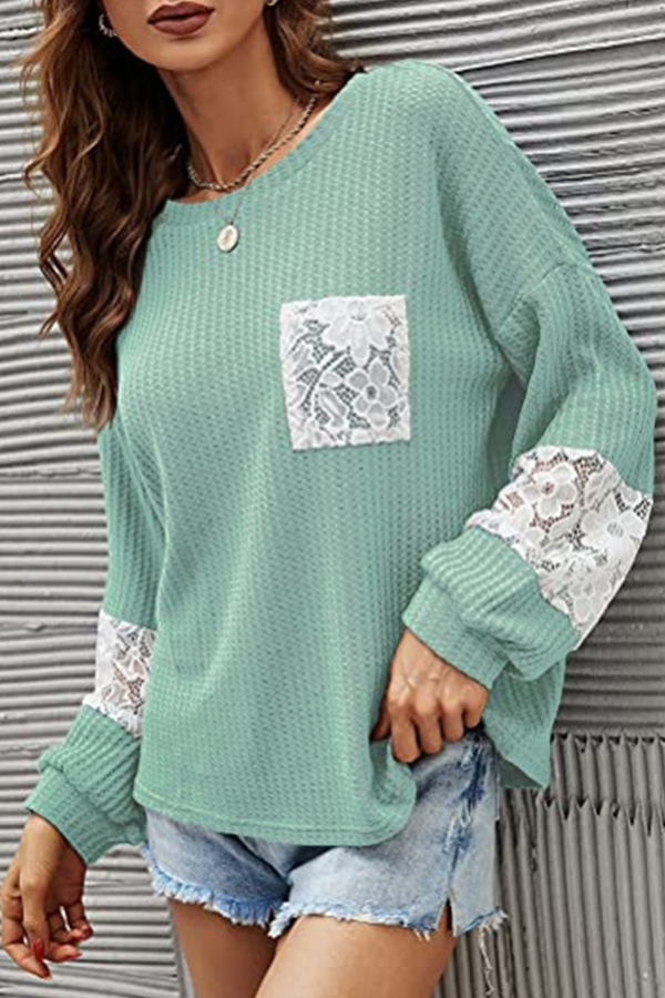 Casual Patchwork Lace Split Joint O Neck Tops