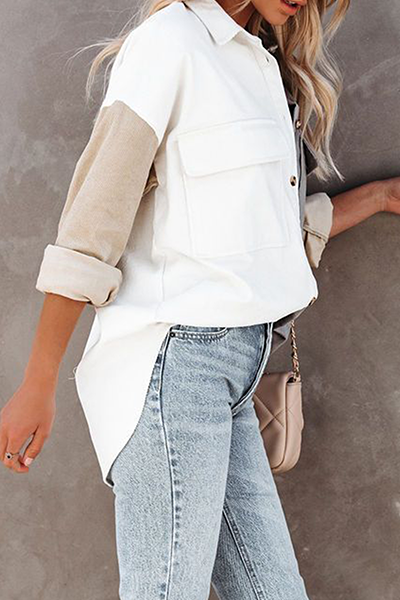 Casual Patchwork Pocket Buckle  Contrast Turndown Collar Tops