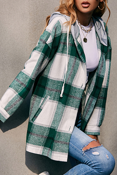 Casual Plaid Draw String Buckle Hooded Collar Outerwear