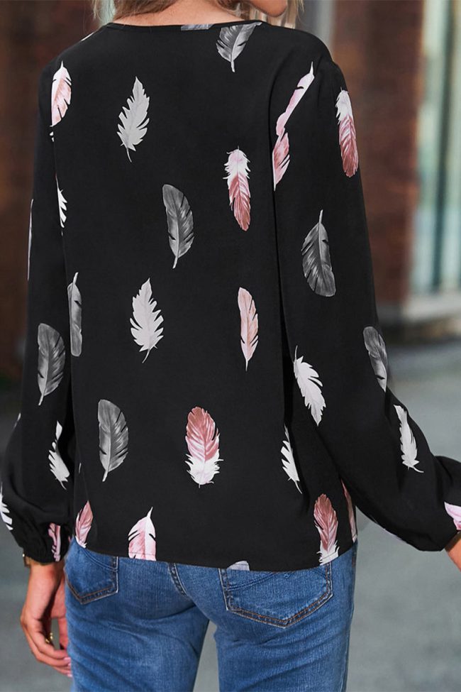 Casual Print Feathers Printing V Neck Tops(7 Colors)