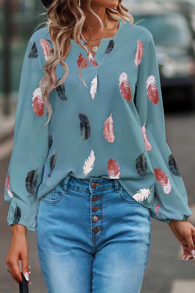Casual Print Feathers Printing V Neck Tops(7 Colors)