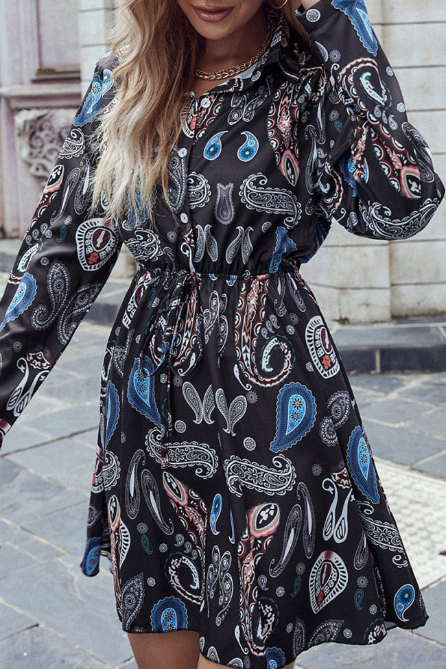 Casual Print Patchwork Turndown Collar A Line Dresses