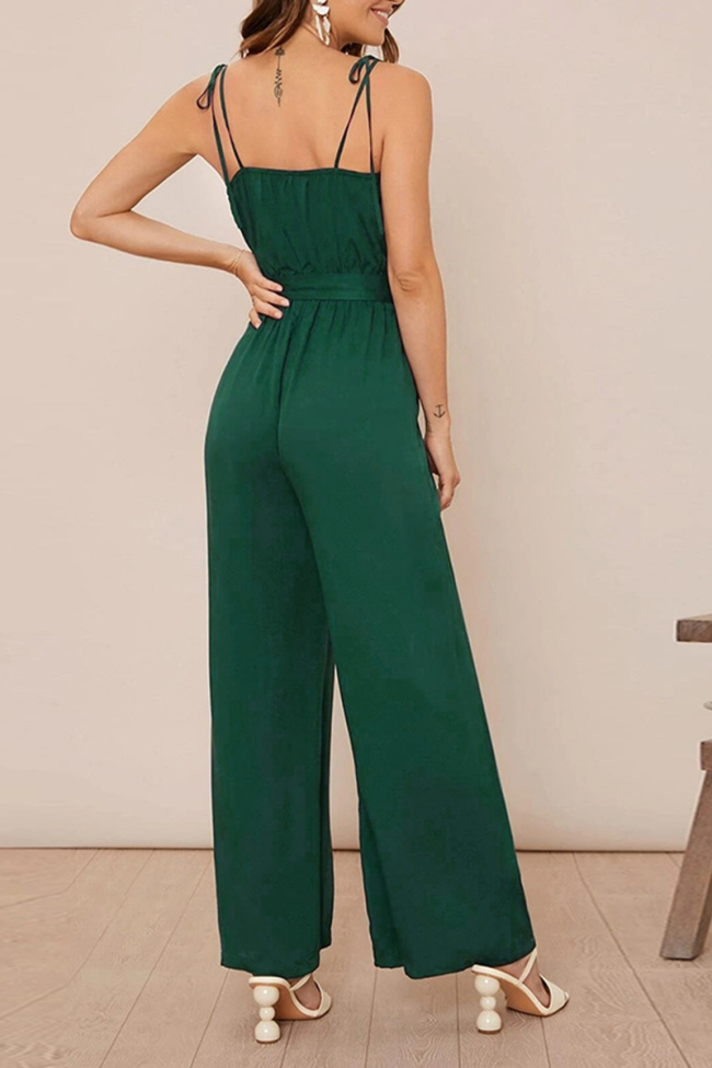 Casual Solid Bandage Spaghetti Strap Boot Cut Jumpsuits