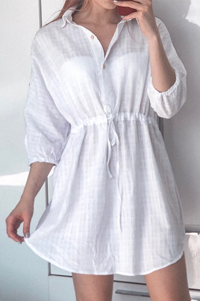 Casual Solid Draw String Buckle Turndown Collar Dresses
