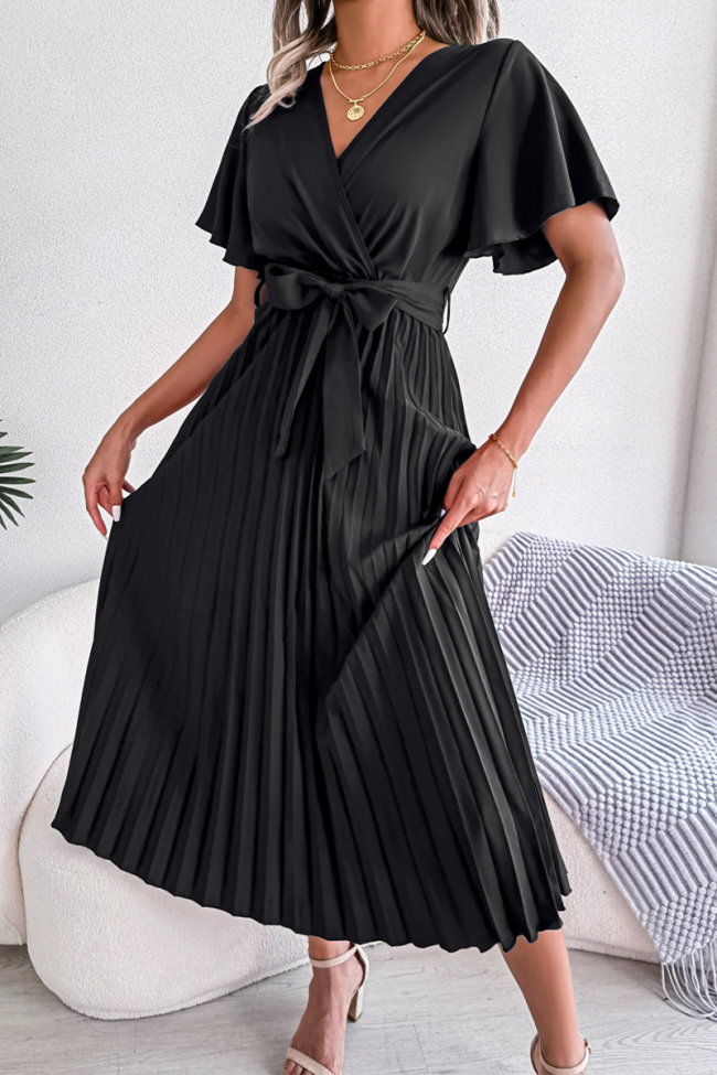 Casual Solid Fold V Neck Waist Skirt Dresses(3 colors)