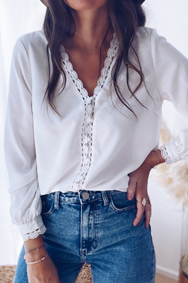 Casual Solid Lace Buckle V Neck Tops