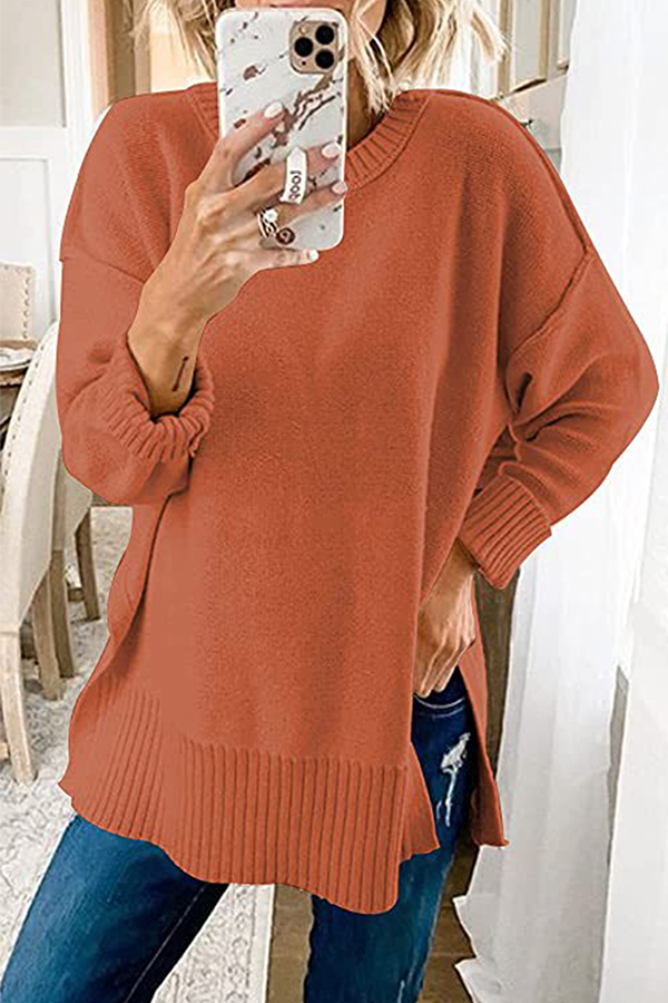 Casual Solid Patchwork Slit O Neck Tops Sweater