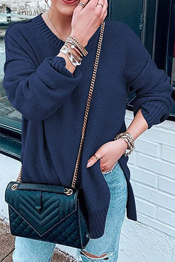 Casual Solid Patchwork Slit O Neck Tops Sweater