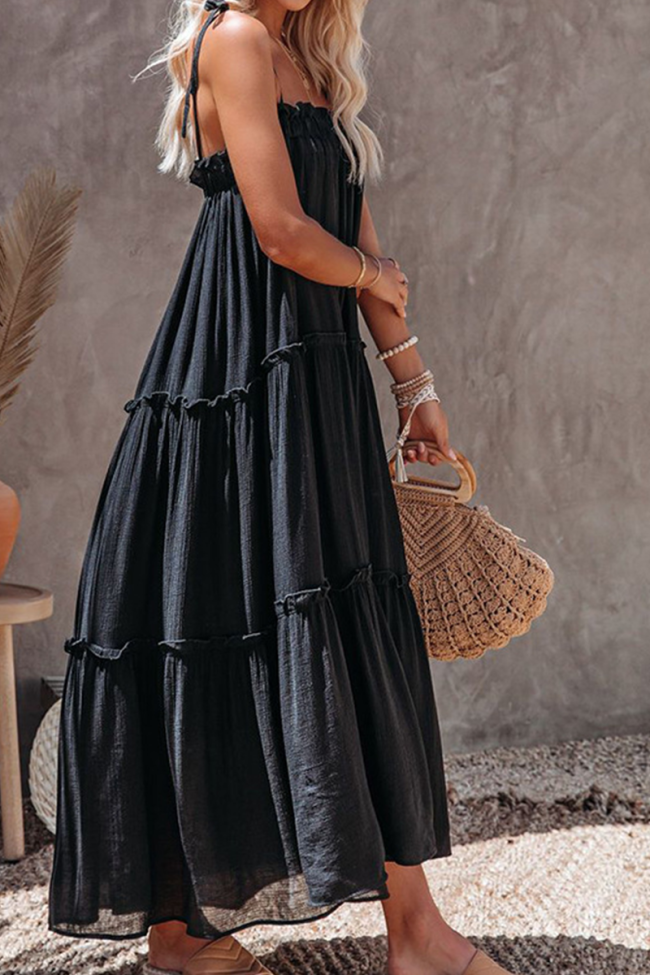 Casual Solid Patchwork Spaghetti Strap Cake Skirt Dresses(3 Colors)